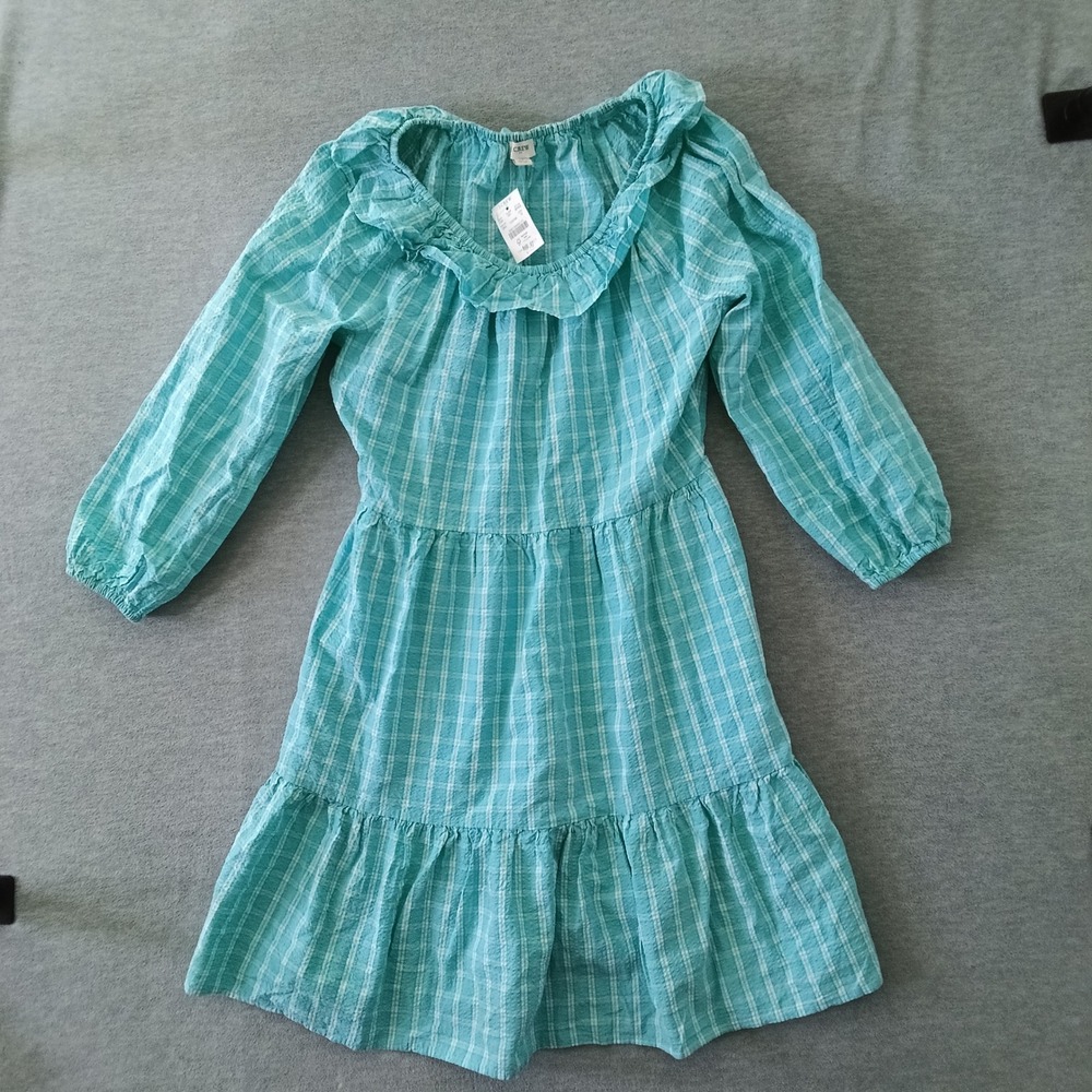 J.Crew Turquoise Plaid Seersucker Ruffle Mini Dress Pockets BP802 NWT Size 12